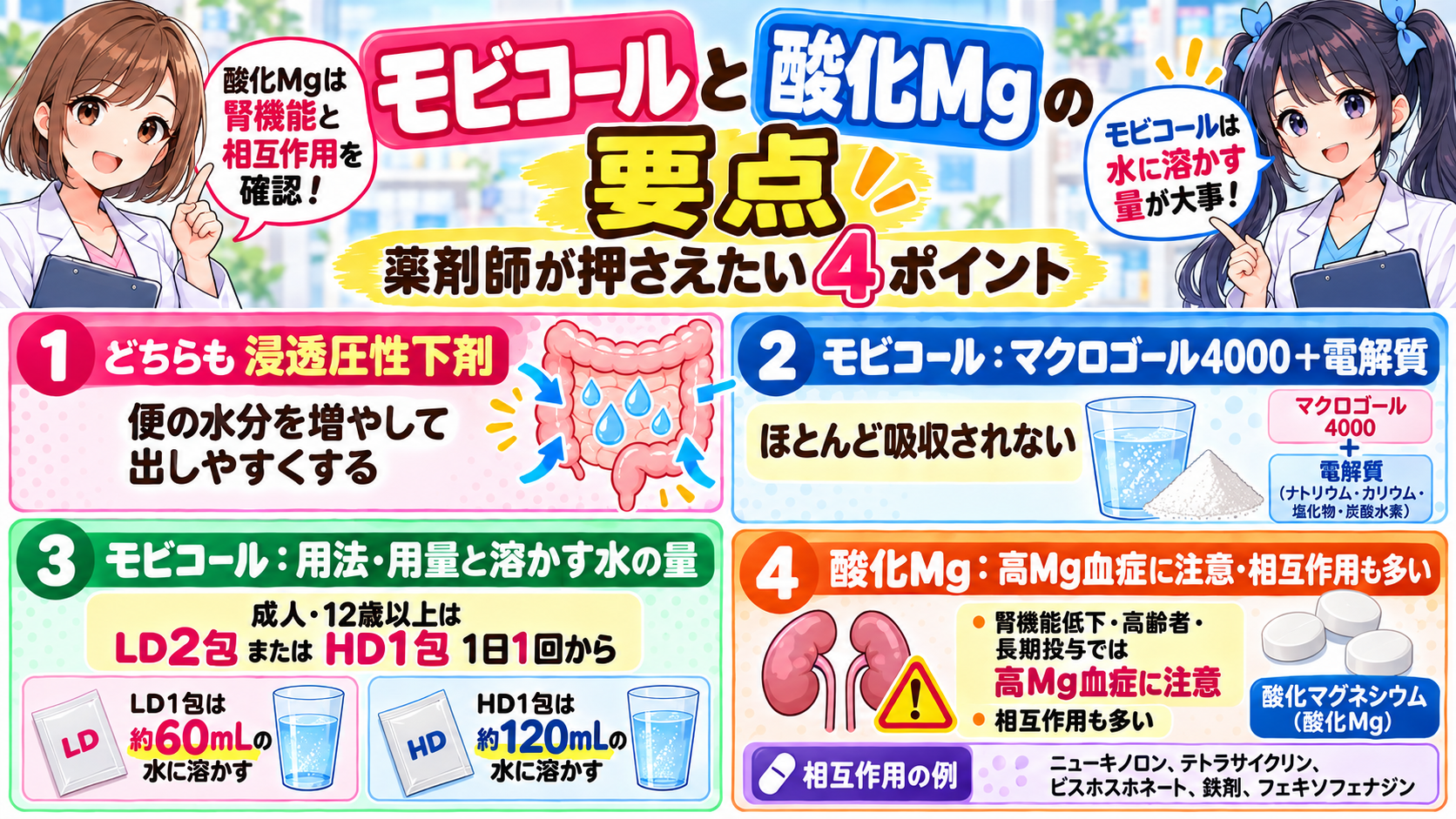 モビコールと酸化マグネシウムの作用機序・用法用量・腎機能・相互作用の要点をまとめた漫画