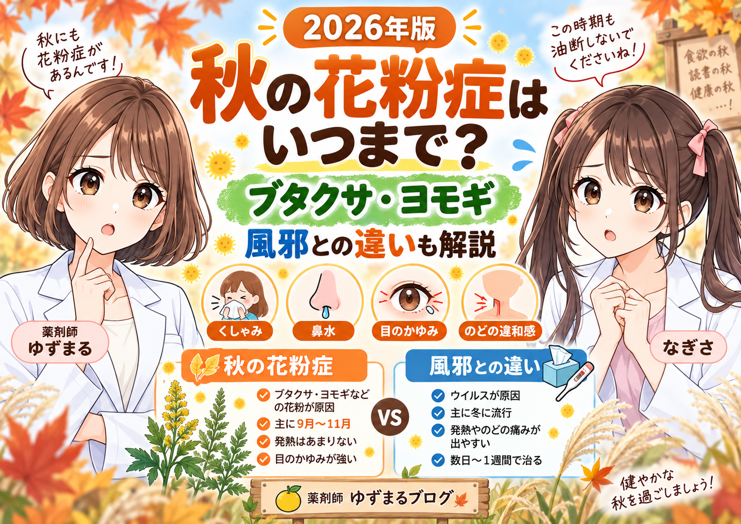2026年秋の花粉症の時期、ブタクサ・ヨモギ、風邪との違いを解説するアイキャッチ画像
