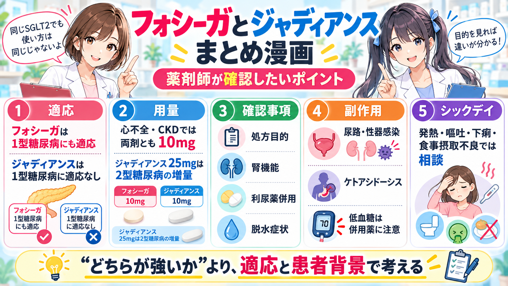 フォシーガとジャディアンスの適応・用量・副作用・シックデイをまとめた漫画
