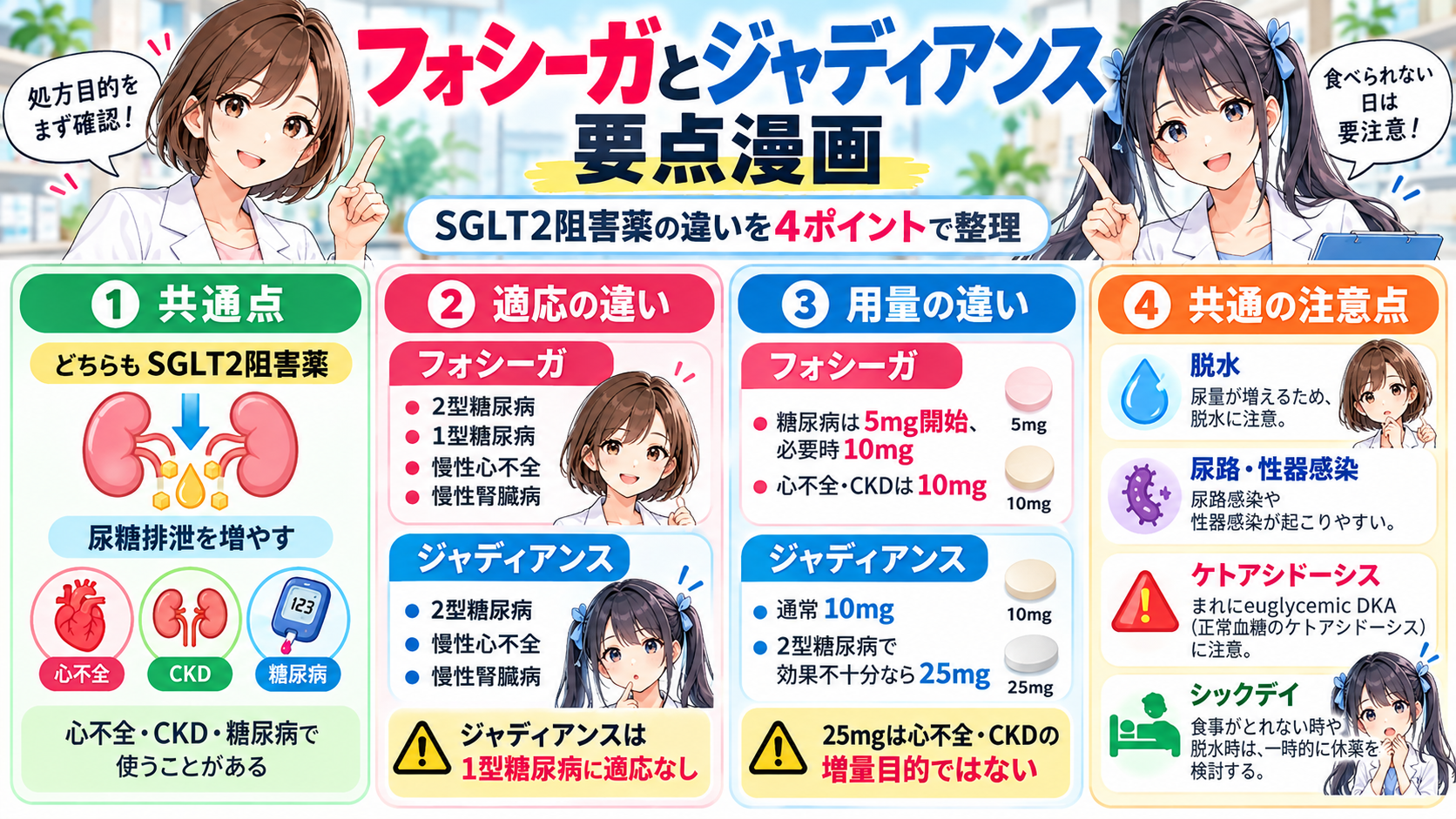 フォシーガとジャディアンスの共通点・適応・用量・シックデイなど4つの要点をまとめた漫画