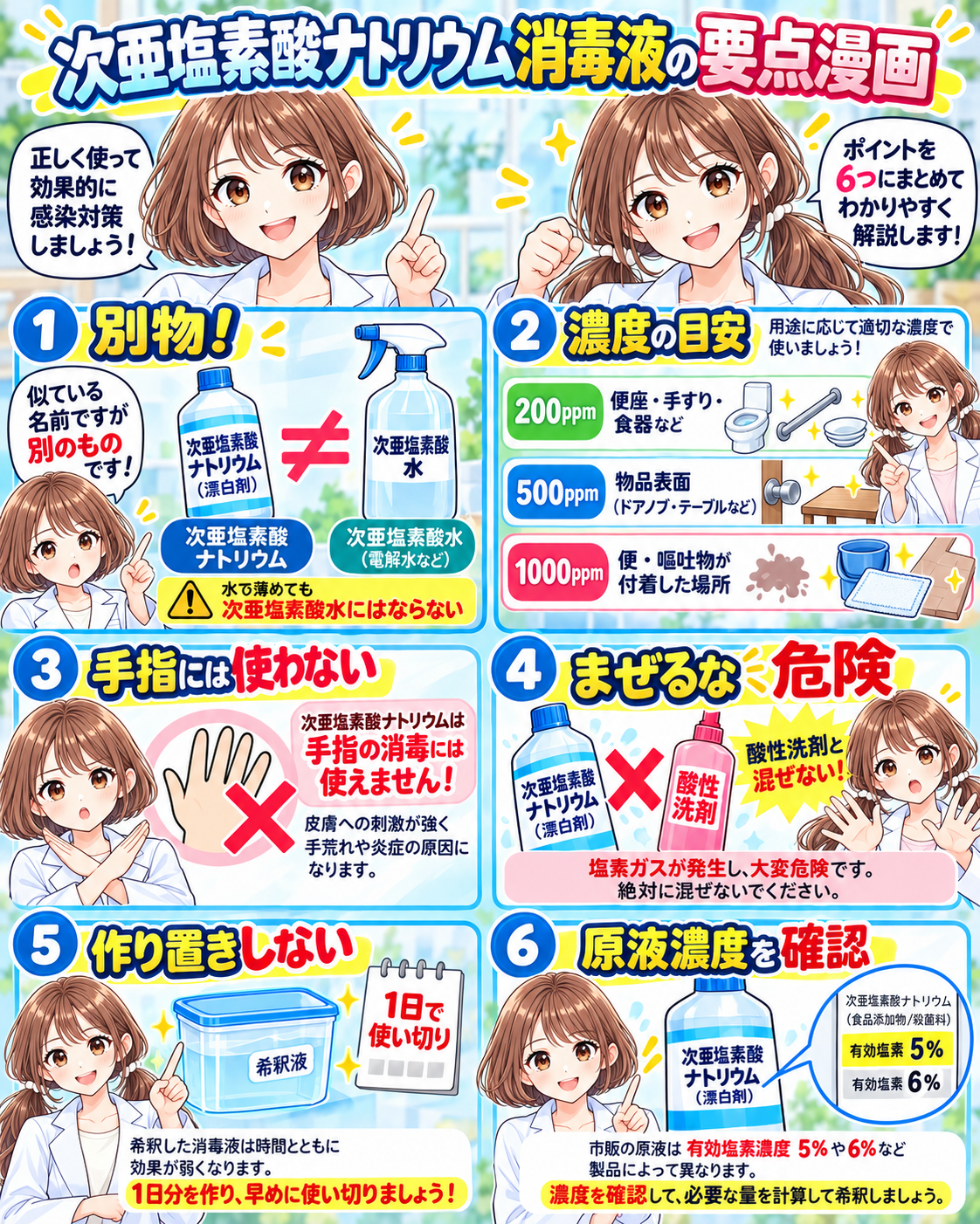 次亜塩素酸ナトリウムと次亜塩素酸水の違い、200・500・1000ppm、手指使用禁止、混合禁止をまとめた要点漫画