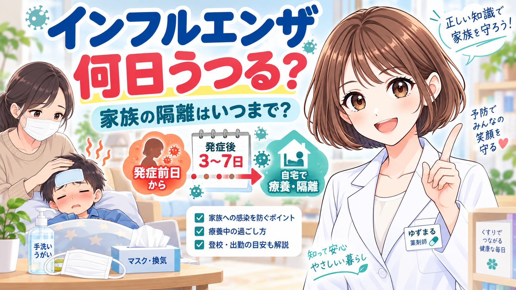 インフルエンザは何日うつるか、家族の隔離期間と感染対策を解説する2026年アイキャッチ画像
