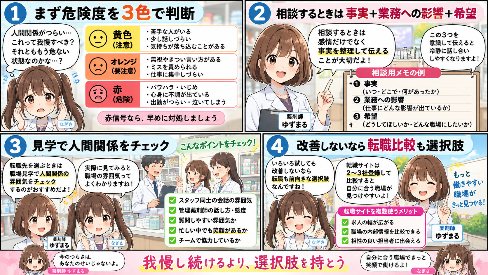 薬剤師の人間関係がつらい時の対処法を4ステップでまとめた要点漫画