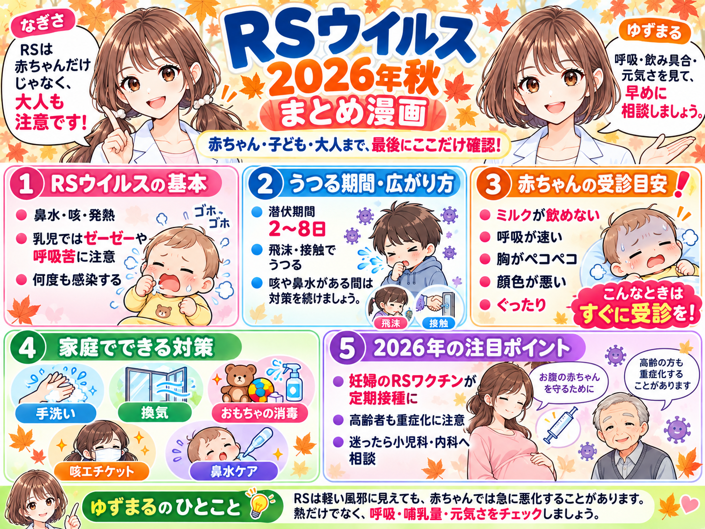 RSウイルス2026年秋の基本、感染期間、赤ちゃんの受診目安、家庭での対策をまとめた漫画