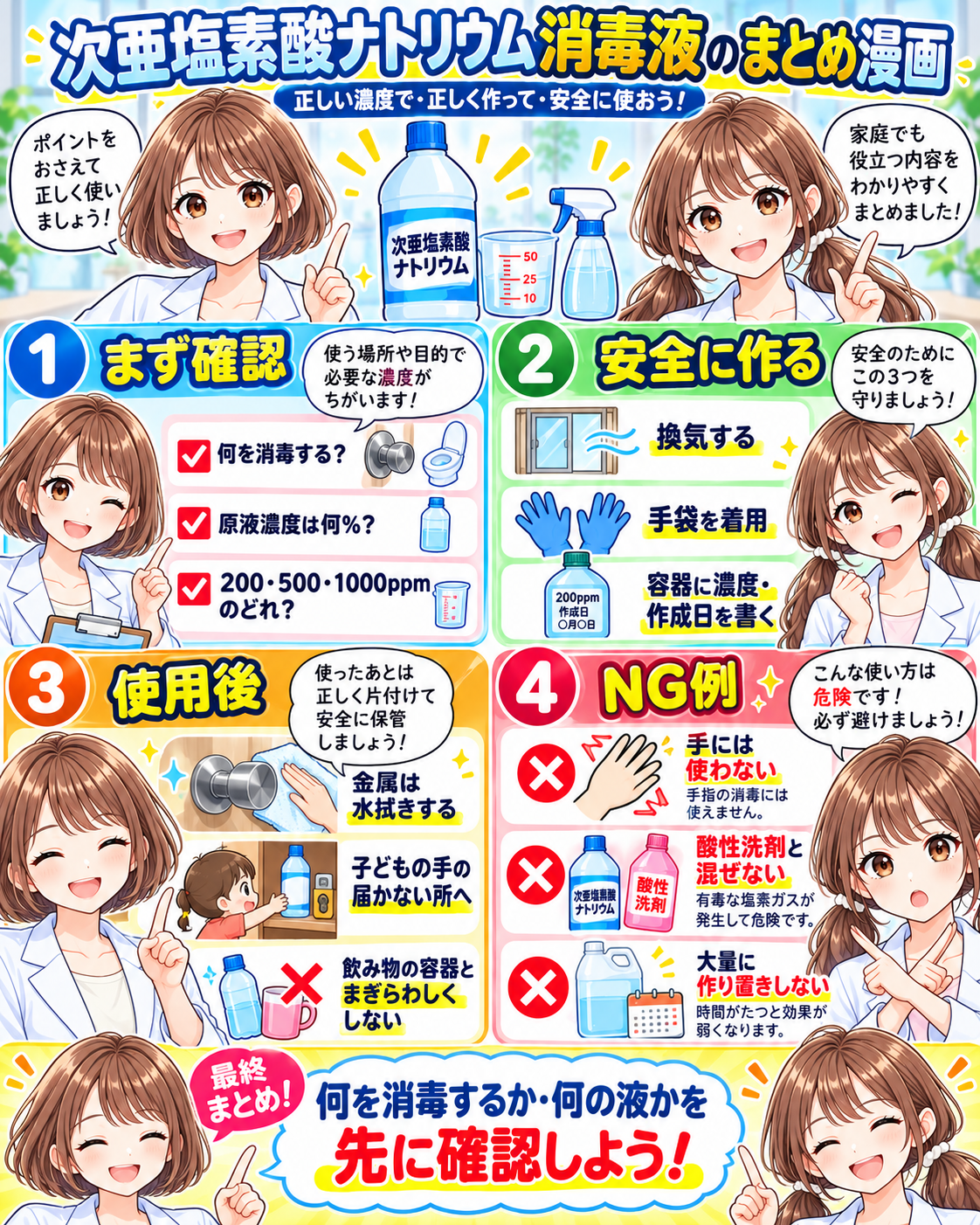 次亜塩素酸ナトリウム消毒液の安全な作り方、使用後の注意、NG例をまとめた漫画
