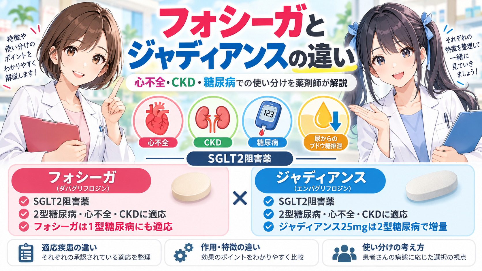 フォシーガとジャディアンスの違い・心不全・CKD・糖尿病での使い分けを薬剤師が解説するアイキャッチ