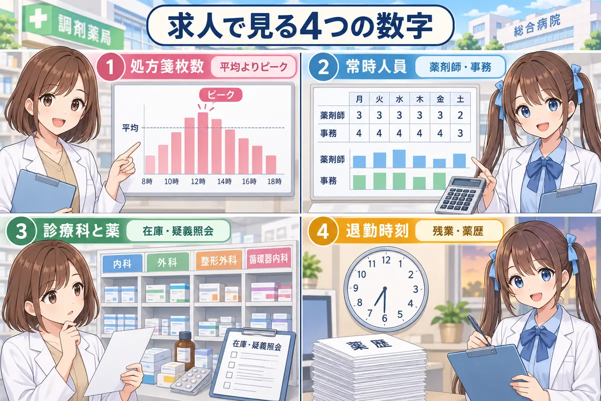 総合病院門前薬局の求人で確認する処方箋枚数・常時人員・診療科・退勤時刻