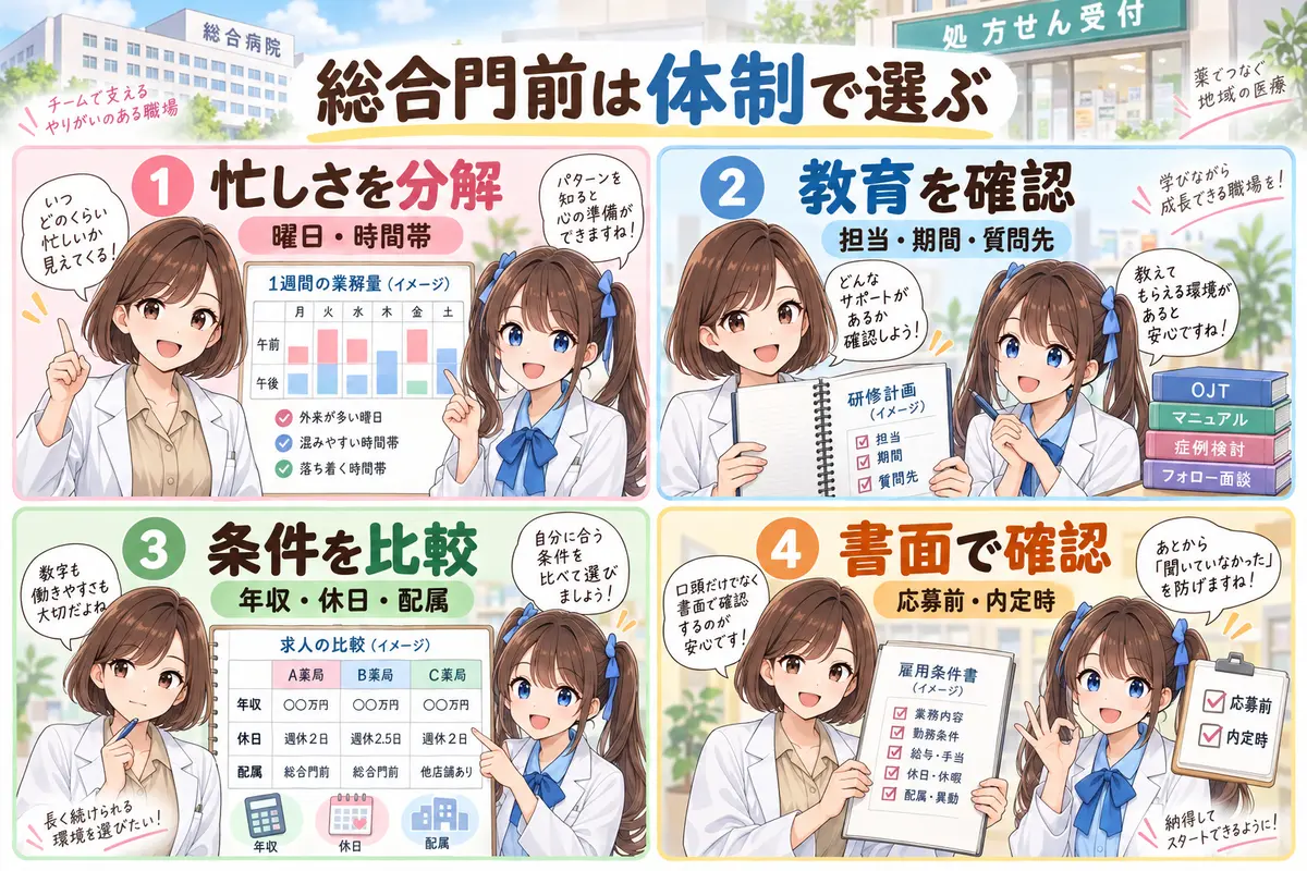 総合病院門前薬局の転職で忙しさ・教育・条件・書面を確認するまとめ