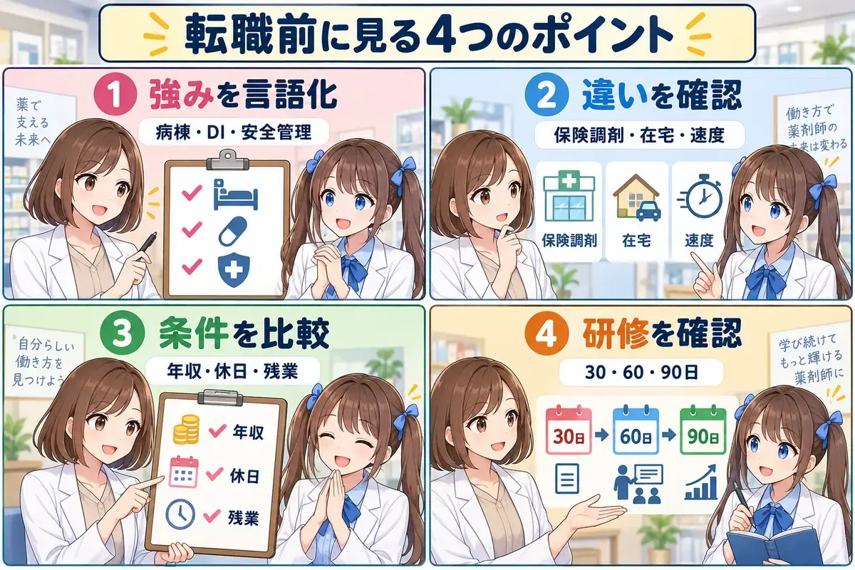 病院薬剤師から調剤薬局へ転職する前に見る4つのポイント