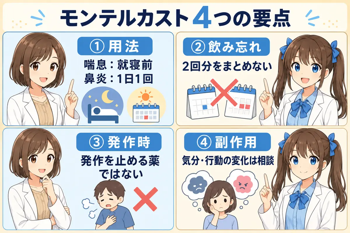 モンテルカストの用法・飲み忘れ・発作時・副作用をまとめた要点漫画