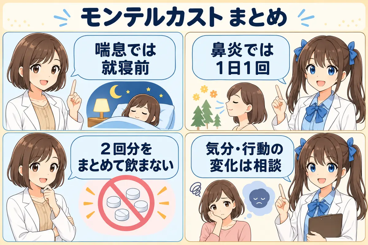 モンテルカストの喘息と鼻炎の用法、飲み忘れ、副作用をまとめた漫画
