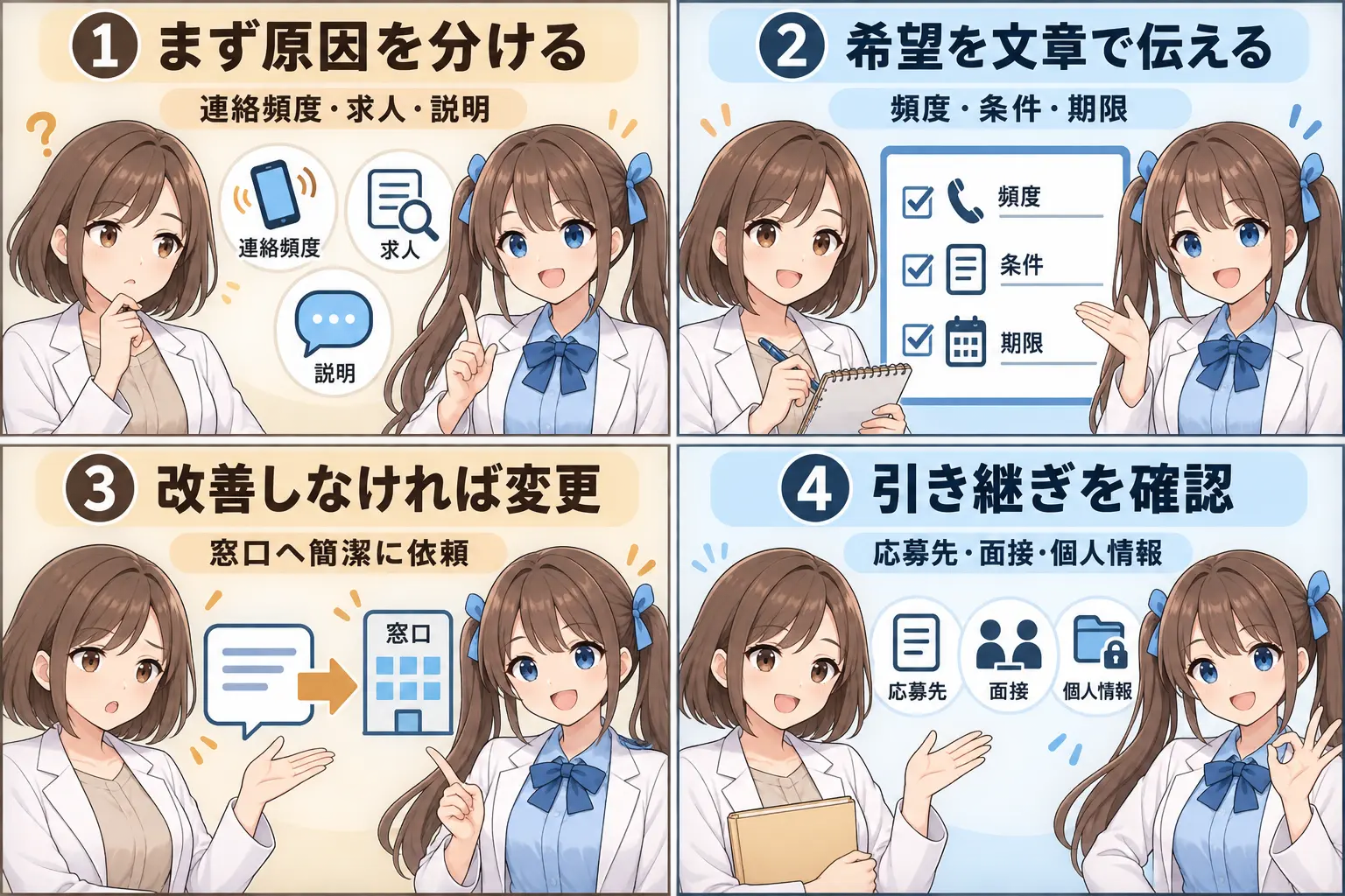 薬剤師転職エージェントの担当者変更で原因整理・要望・窓口・引き継ぎを確認する4コマ漫画