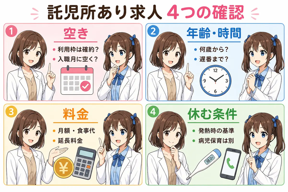 薬剤師の託児所あり求人で空き・年齢・時間・料金・発熱時対応を確認する4コマ