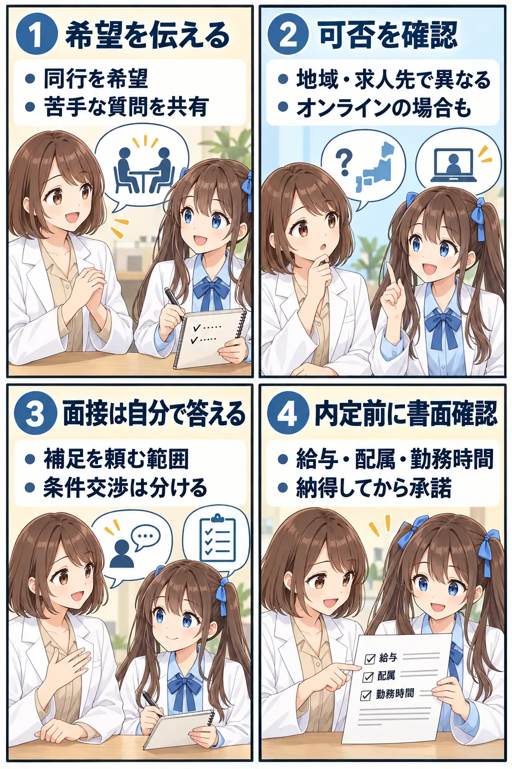 薬剤師転職の面接同行を希望共有・可否確認・本人回答・書面確認の順で活用するまとめ