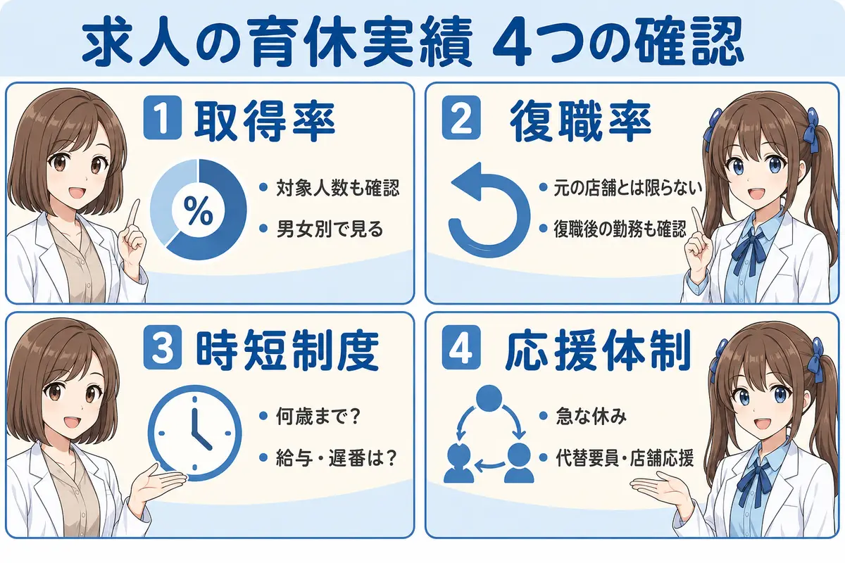 薬剤師求人の育休取得率・復職率・時短制度・応援体制の確認ポイント