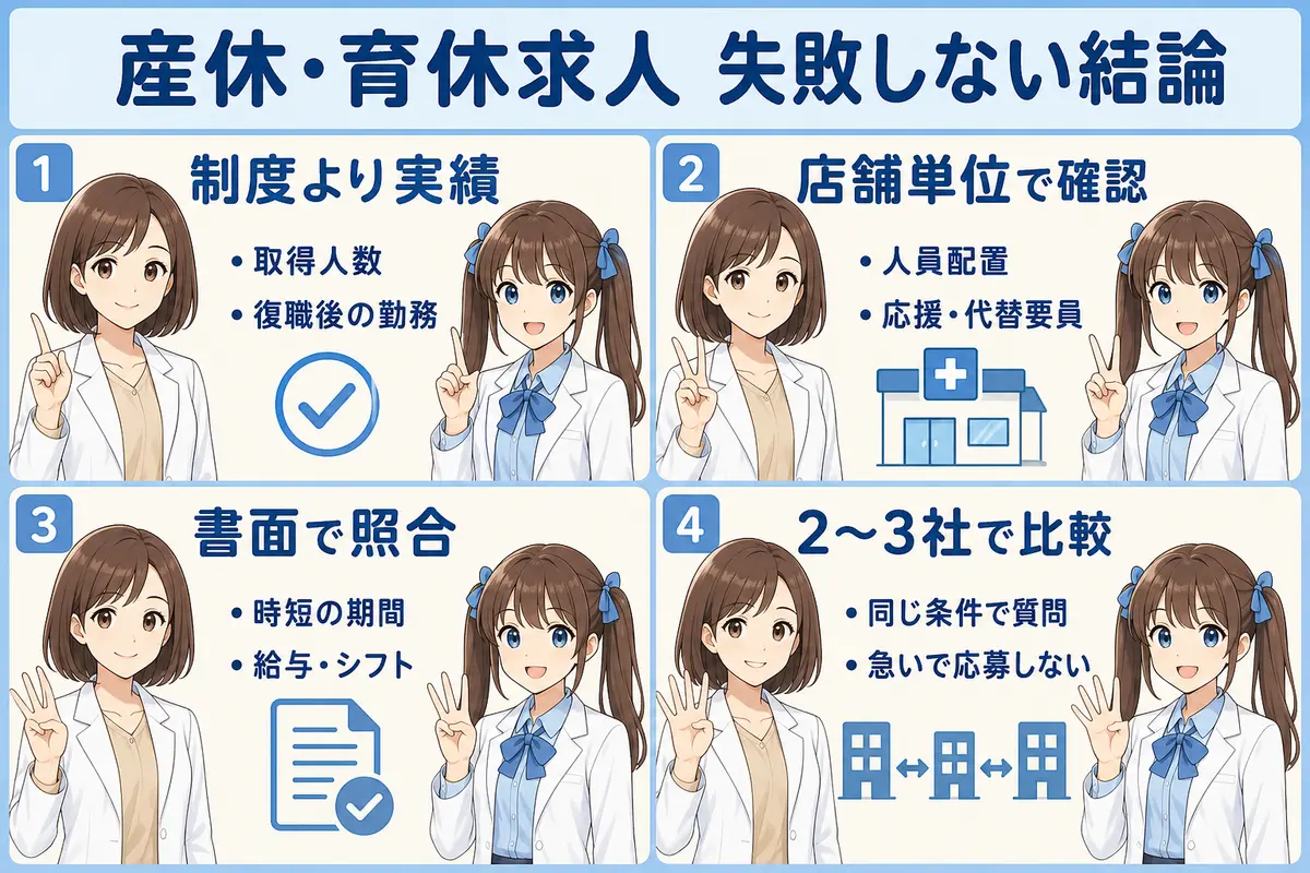 薬剤師求人の産休・育休実績を店舗単位と書面で比較するまとめ