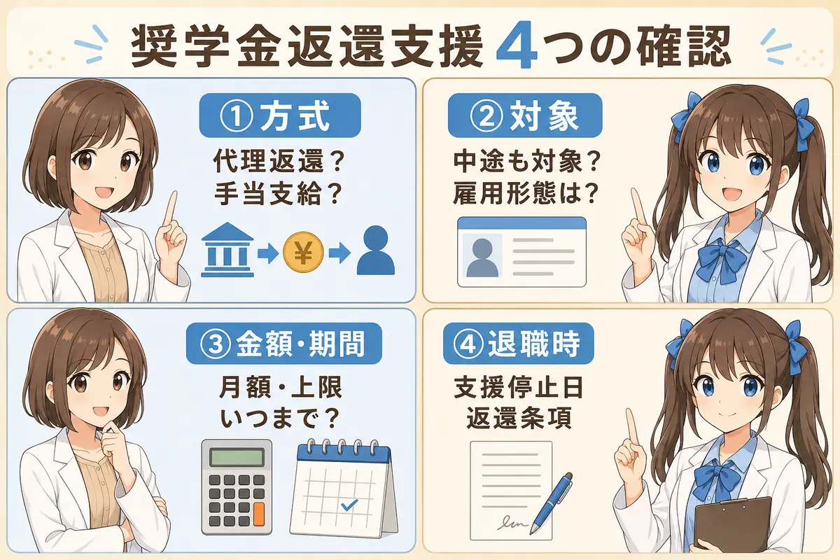 薬剤師求人の奨学金返還支援で方式・対象・金額・退職時を確認する要点漫画