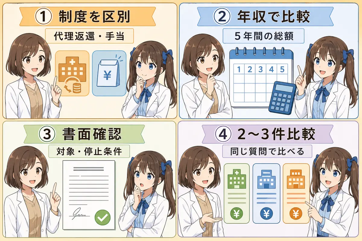 薬剤師求人の奨学金返還支援を総額と書面で比較するまとめ漫画