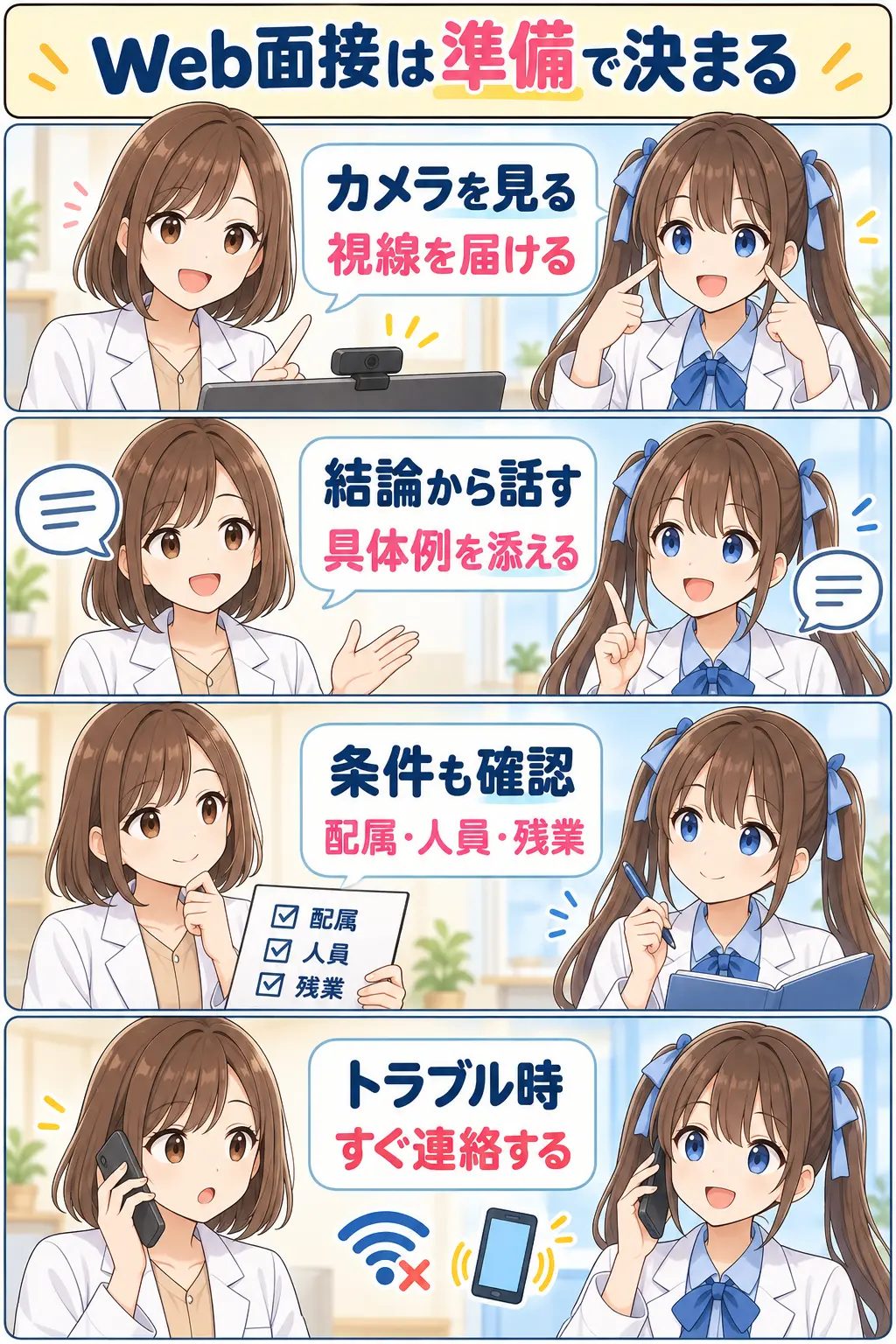 薬剤師転職のWeb面接でカメラ視線・結論・条件確認・トラブル連絡をまとめた漫画