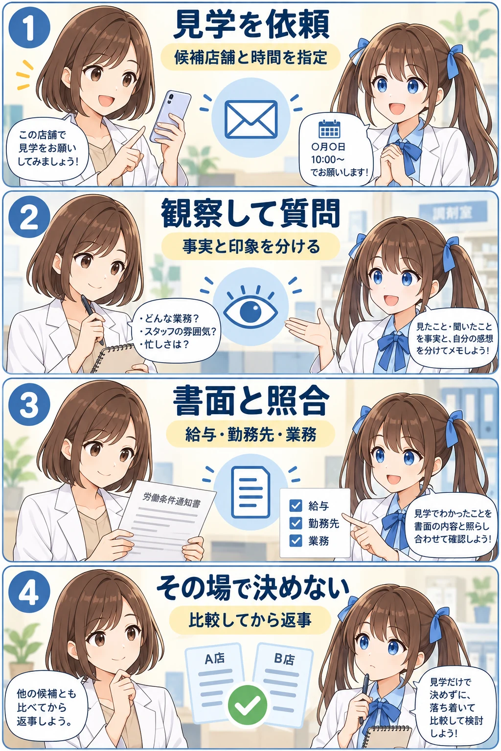 薬剤師転職の職場見学を依頼・観察・書面照合・比較する流れ
