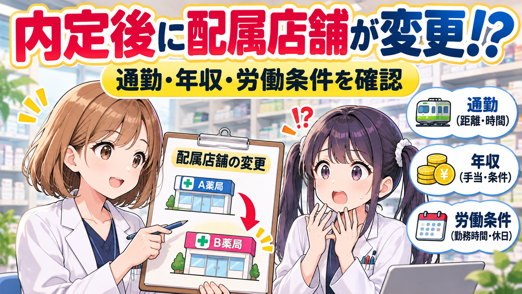 内定後に配属店舗がA薬局からB薬局へ変わったときの通勤・年収・労働条件を確認するゆずまるとなぎさ