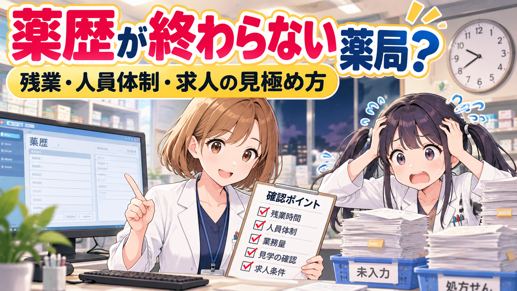 薬歴が終わらない薬局の求人について残業・人員体制・業務量を確認する女性薬剤師ゆずまるとなぎさ