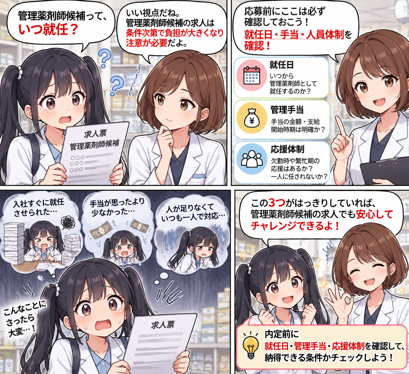 管理薬剤師候補の求人で就任日・管理手当・人員体制を確認するゆずまるとなぎさの要点漫画