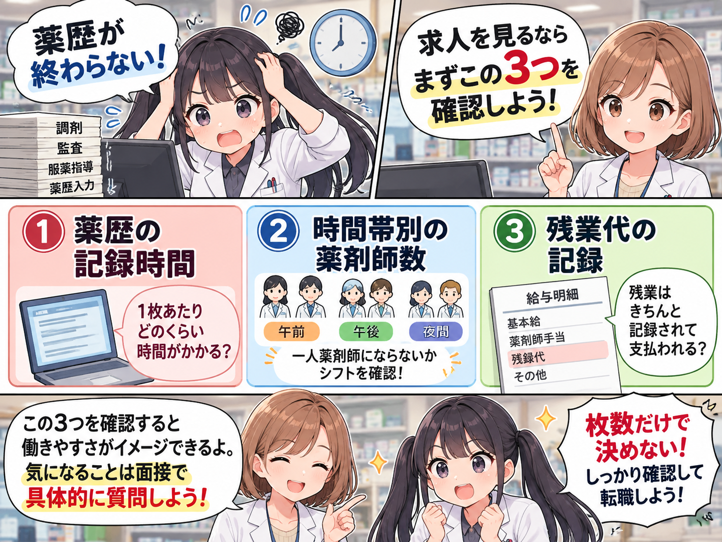 薬歴が終わらない薬局の求人で記録時間・時間帯別の薬剤師数・残業代を確認するゆずまるとなぎさの要点漫画