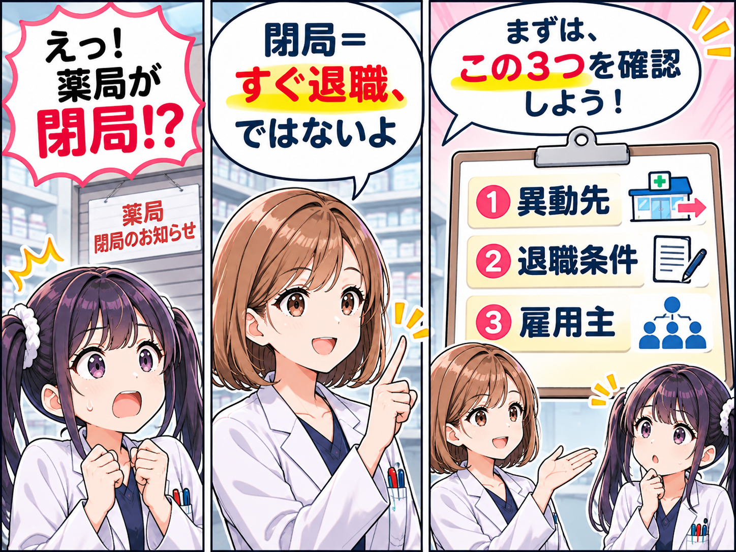 薬局が閉局してもすぐ退職とは限らない。異動先、退職条件、雇用主の3点を確認するゆずまるとなぎさの要点漫画