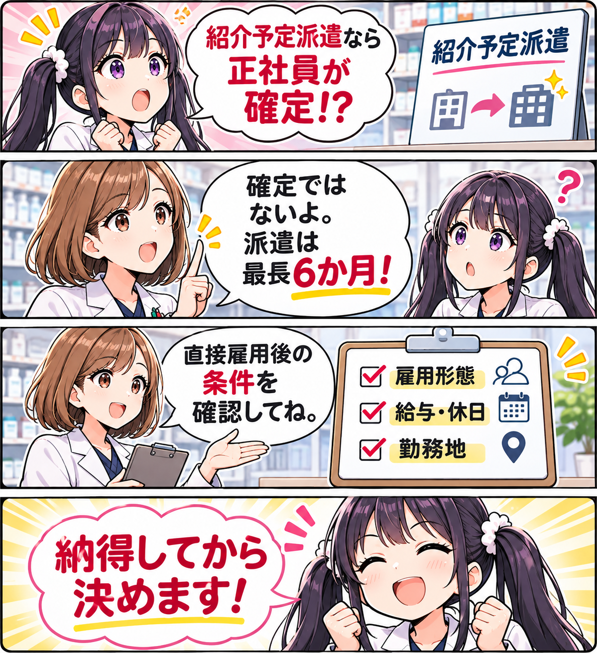 薬剤師の紹介予定派遣は正社員確定ではないことと最長6か月・直接雇用後の条件を説明するゆずまるとなぎさの要点漫画