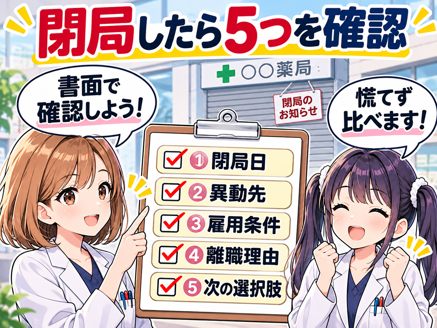 薬局閉局時の5つの確認事項。閉局日、異動先、雇用条件、離職理由、次の選択肢を整理するまとめ漫画