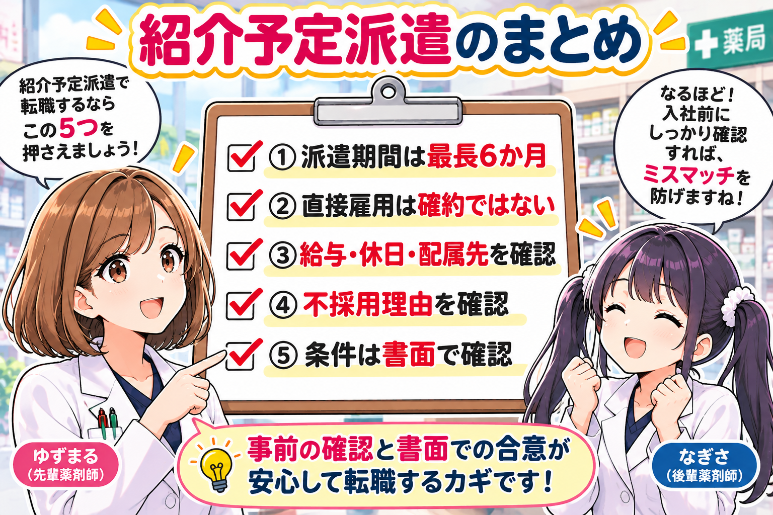 紹介予定派遣の派遣期間・直接雇用の保証・給与休日・不採用理由・書面確認を整理するゆずまるとなぎさのまとめ漫画