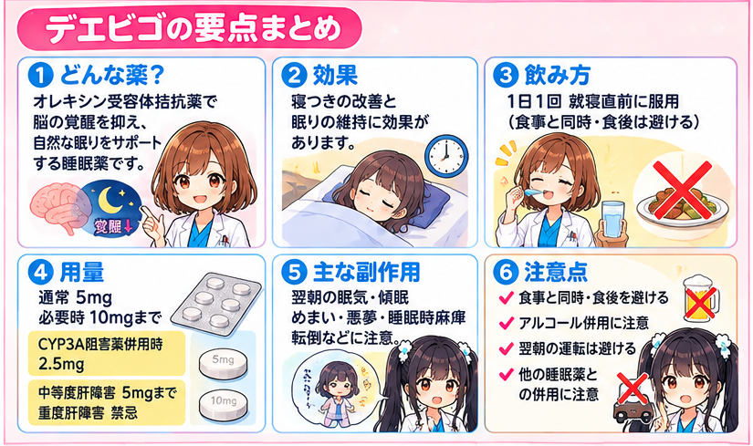 デエビゴ(レンボレキサント)の作用、通常5mg、10mgまでの増量、食直後を避けること、CYP3A阻害薬併用時2.5mg、副作用をまとめた要点漫画