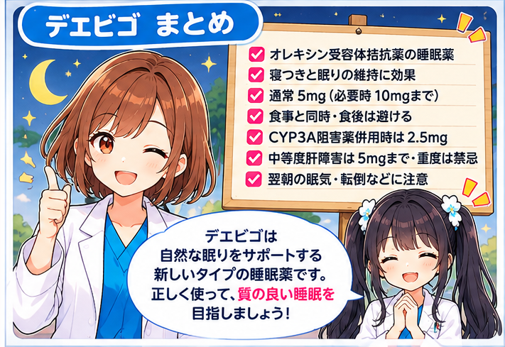デエビゴ(レンボレキサント)の通常5mg、CYP3A相互作用、中等度肝障害5mgまで、重度肝障害禁忌、翌朝の眠気や転倒注意をまとめた漫画