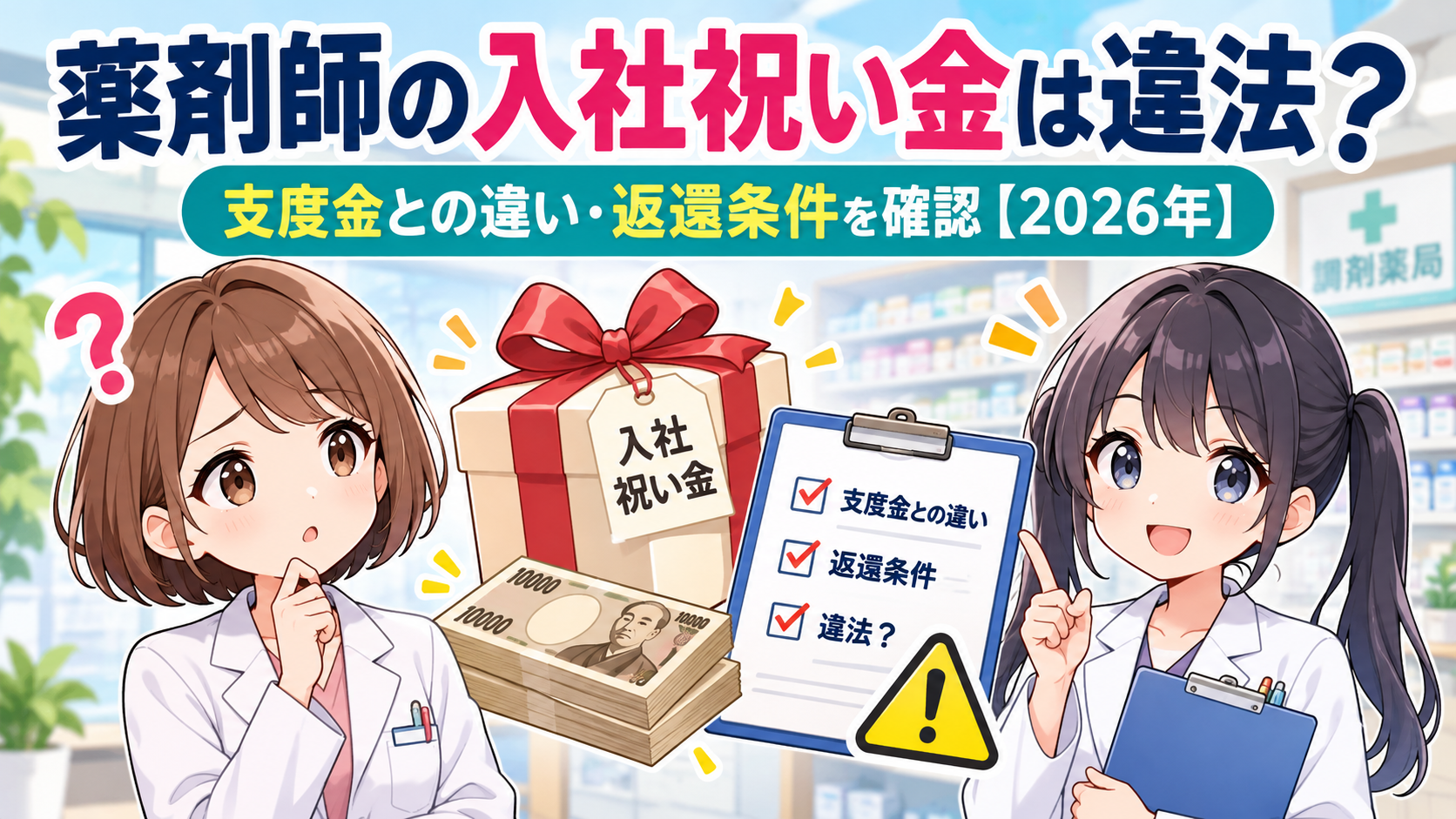 薬剤師転職の入社祝い金は違法なのか、支度金との違いと返還条件を解説するアイキャッチ