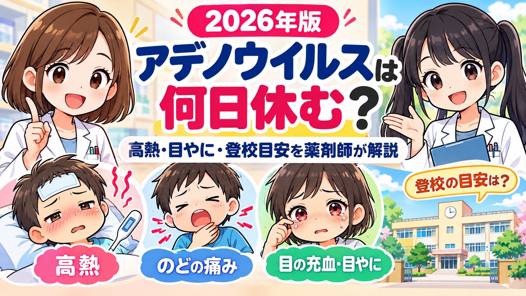 2026年版のアデノウイルスによる咽頭結膜熱について、高熱・のどの痛み・目やに・登校目安を薬剤師ゆずまるとなぎさが解説するアイキャッチ画像