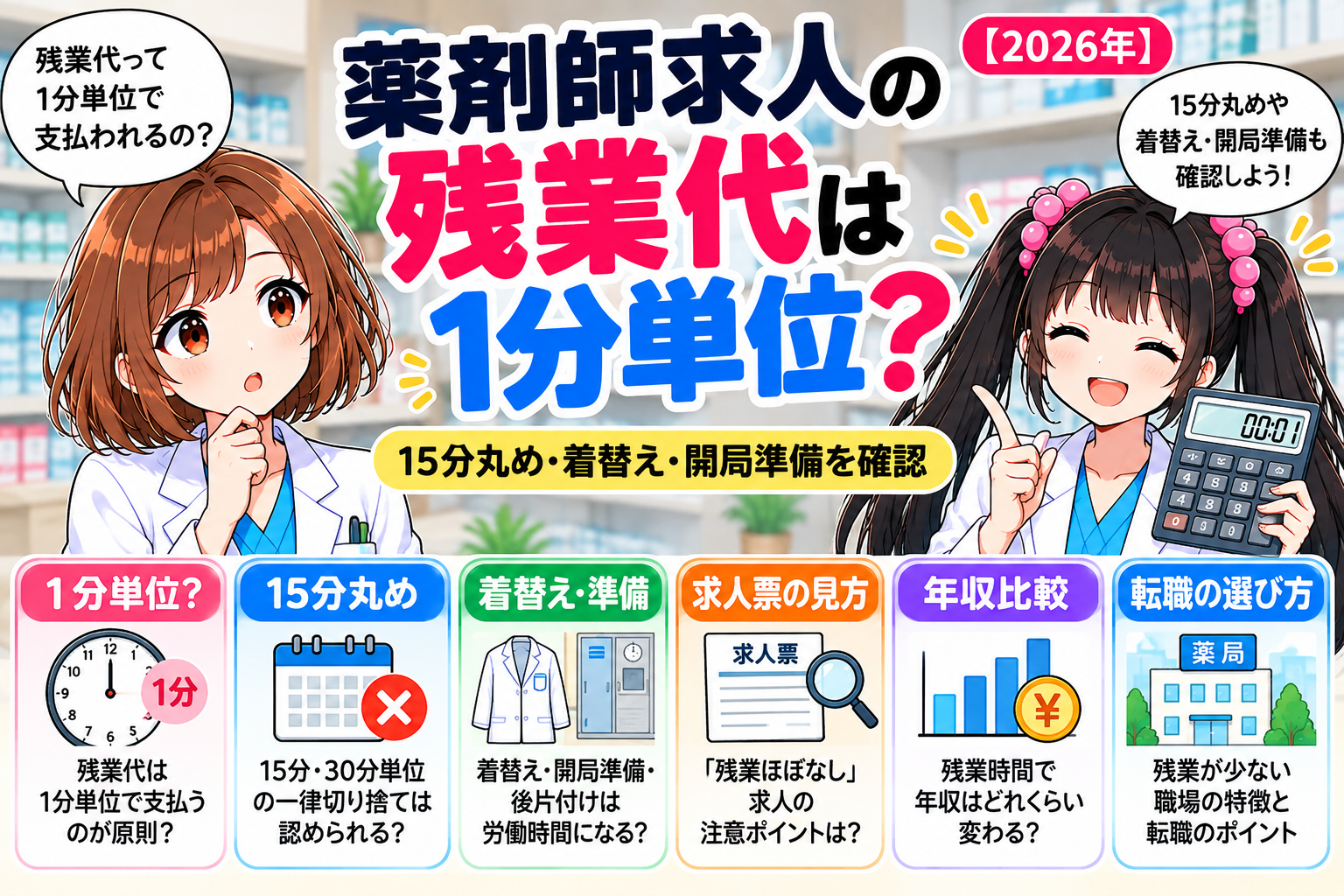 薬剤師求人の残業代は1分単位か、15分丸め・着替え・開局準備を解説するアイキャッチ