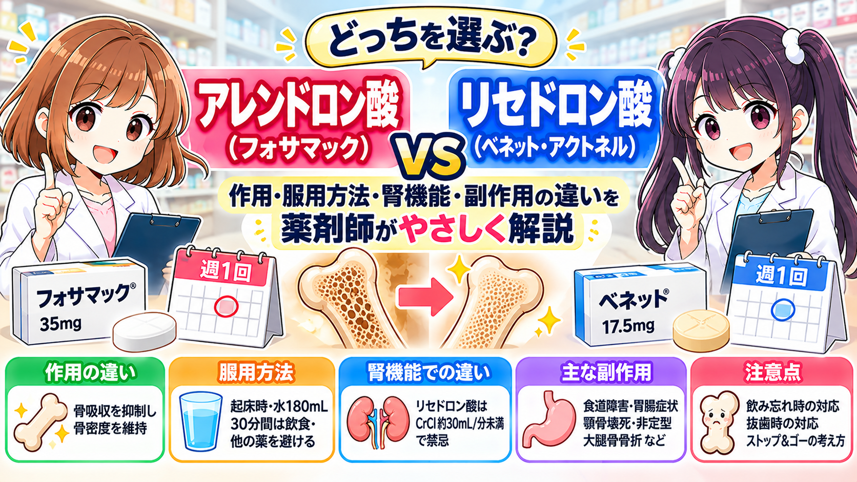 アレンドロン酸とリセドロン酸の違い・週1回用量・服用方法・腎機能・副作用を薬剤師が解説するアイキャッチ