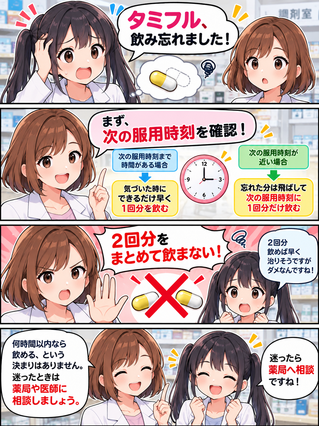 ゆずまるとなぎさの4コマ漫画。タミフルを飲み忘れたら次の服用時刻を確認し、2回分をまとめて飲まず、迷ったら薬局に相談する