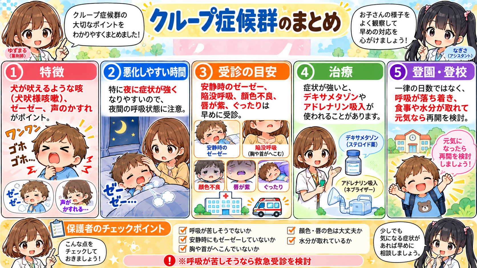 クループ症候群の特徴、悪化しやすい時間、受診目安、デキサメタゾンやアドレナリン吸入、登園・登校目安をまとめた漫画
