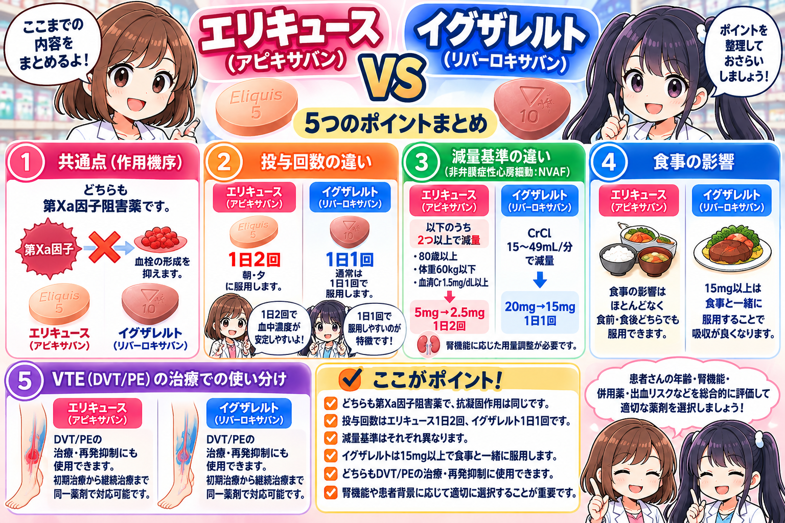 エリキュースとイグザレルトの違い・投与回数・減量基準・食事・VTE治療・出血リスクをまとめた漫画