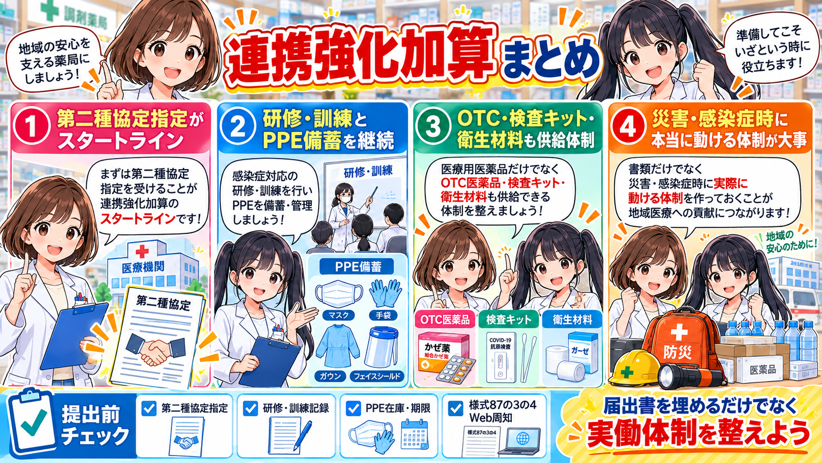 連携強化加算について、第二種協定指定、感染症・災害の研修訓練、PPE備蓄、OTC・検査キット・衛生材料の供給、届出前チェックをまとめた漫画