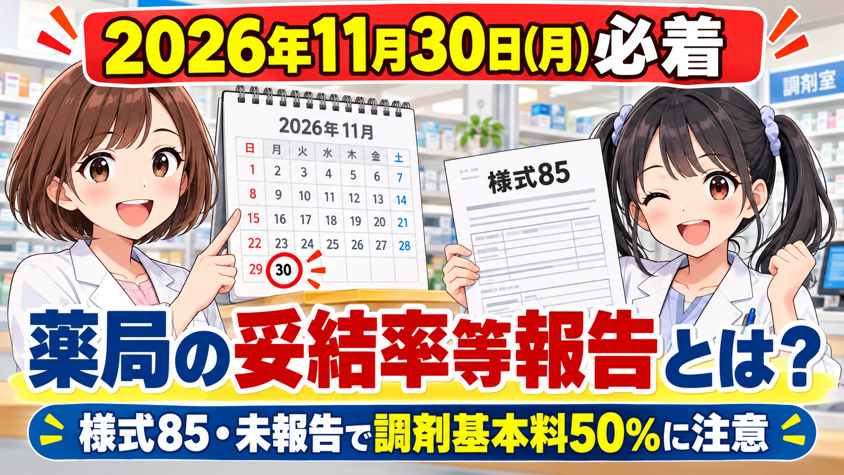 2026年度の薬局の妥結率等報告について、11月30日必着、様式85、未報告時の調剤基本料50％を解説するアイキャッチ画像