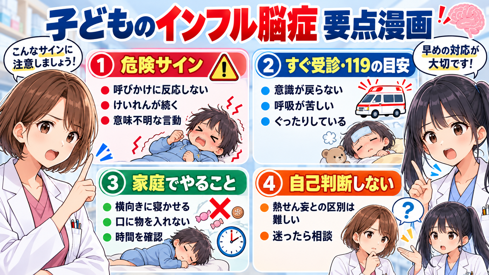 子どものインフルエンザ脳症で注意する危険サイン、すぐ受診・119の目安、家庭での対応、自己判断しないことをまとめた要点漫画