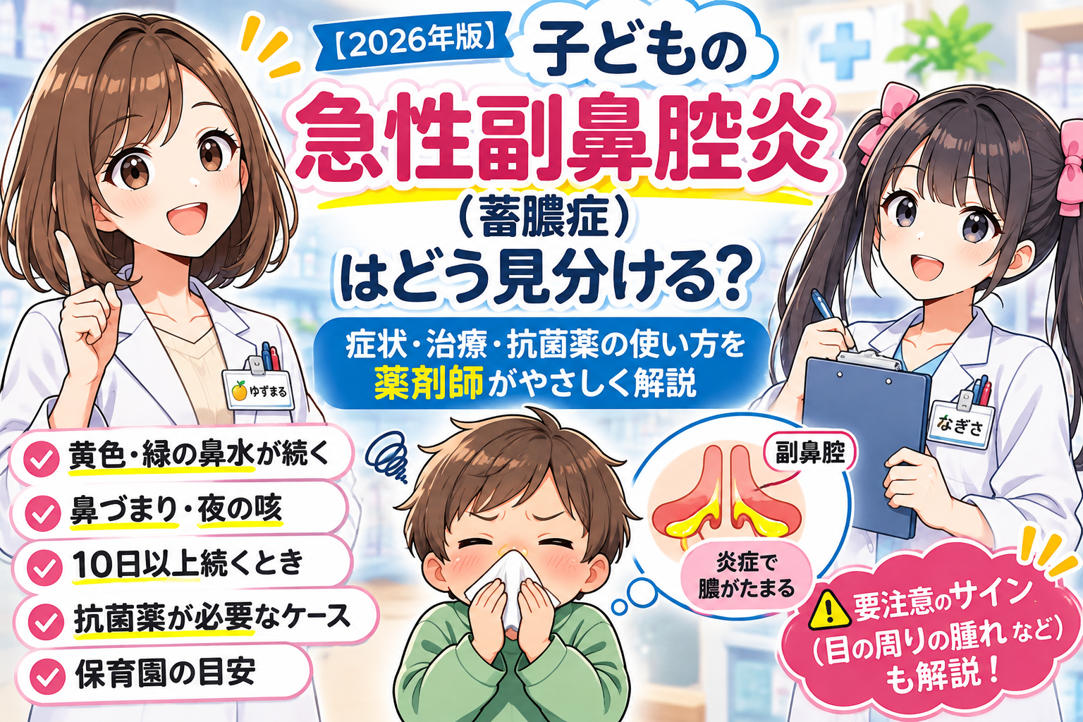 子どもの急性副鼻腔炎は何日で治るか、黄色い鼻水、抗菌薬、保育園の目安を薬剤師が解説するアイキャッチ画像