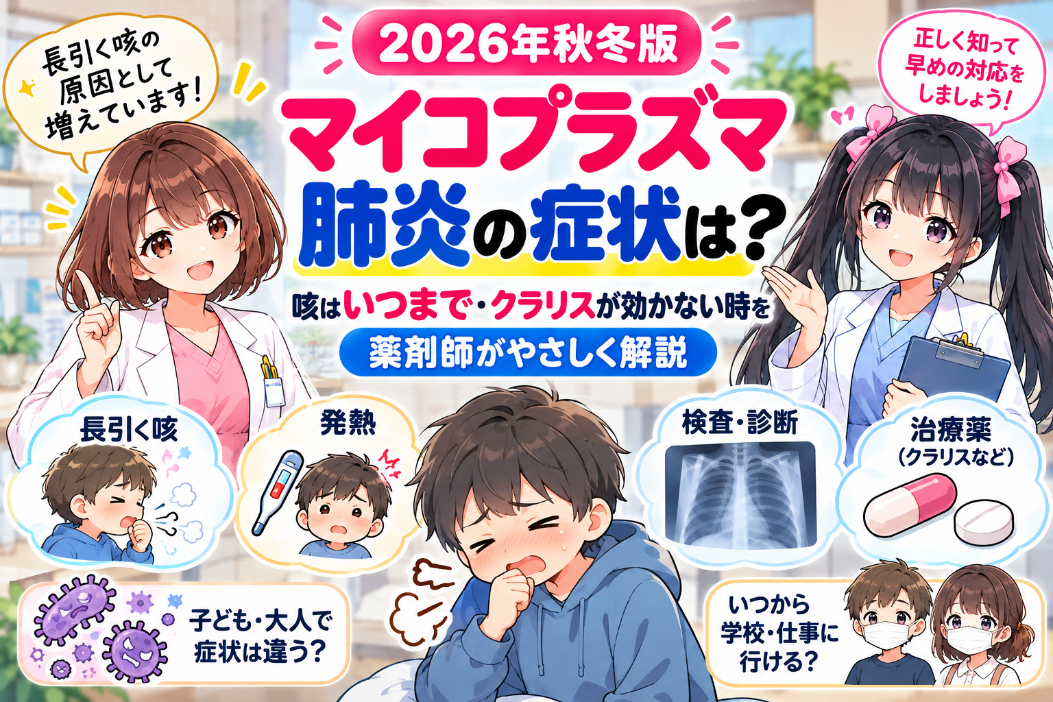 2026年秋冬版 マイコプラズマ肺炎の症状、長引く咳、クラリスが効かない時、学校や仕事の復帰目安を薬剤師が解説するアイキャッチ画像