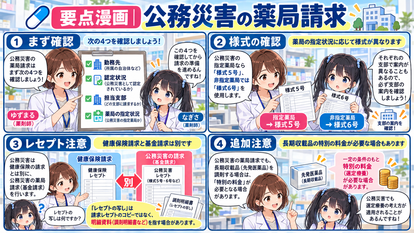 公務災害の薬局請求の要点漫画・勤務先と認定状況、書類とレセプトの注意