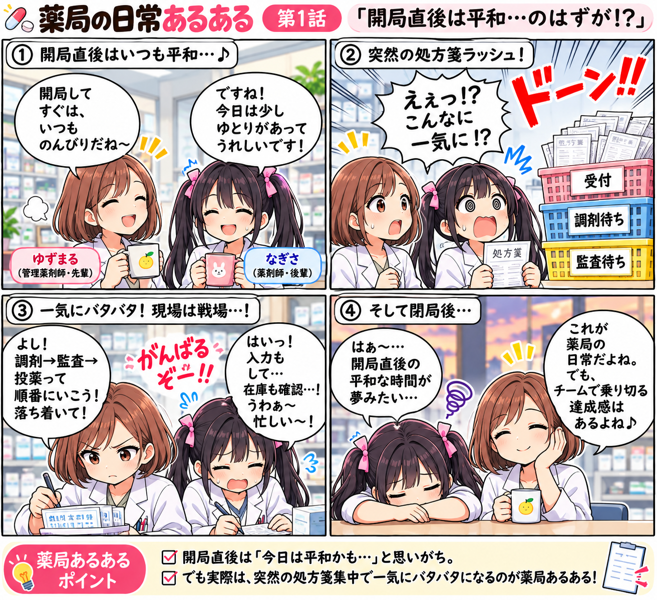 薬局あるある漫画 第1話 開局直後は平和…のはずが！？ゆずまるとなぎさが処方箋ラッシュに大慌てする4コマ漫画