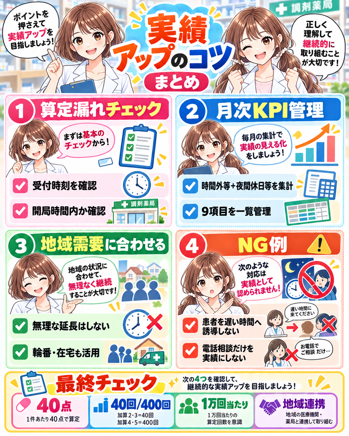 夜間休日加算の算定漏れチェック、月次KPI管理、地域需要、避けるべき実績づくりをまとめた漫画