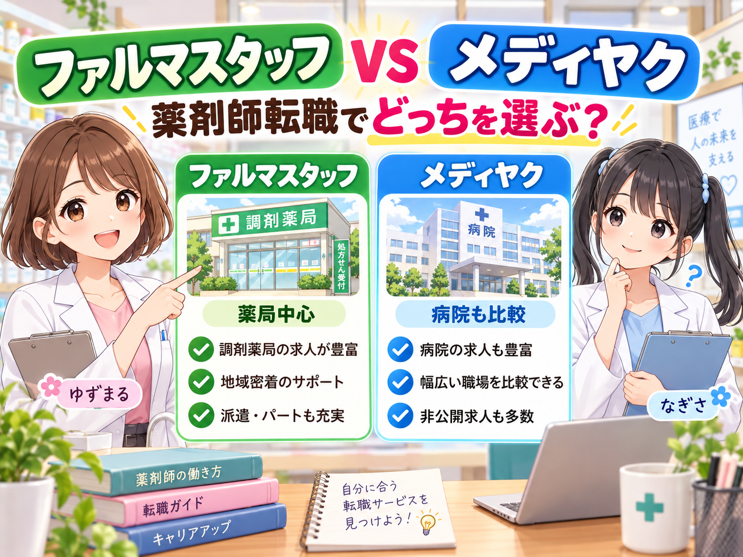 ファルマスタッフとメディヤクを比較する薬剤師転職記事のアイキャッチ